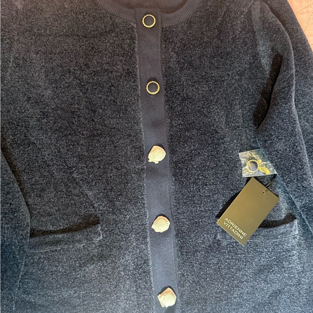 Adrienne Vittadini Navy Cardigan with Gold Accent
